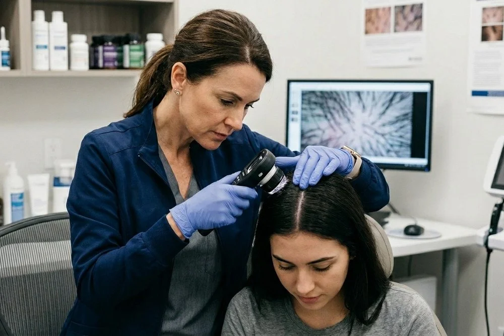 Trichology specialist examining a patient's scalp with a magnifying tool during a hair restoration evaluation