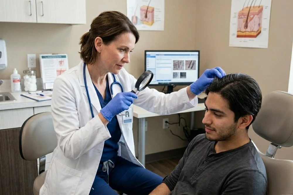A practitioner performs an Alma TED ultrasound hair restoration treatment on a relaxed patient following a scalp examination.