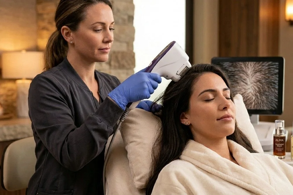 A female medical professional in a white lab coat and blue medical gloves uses a magnifying glass to examine a young man's hair and scalp during a clinical consultation for hair loss treatments.