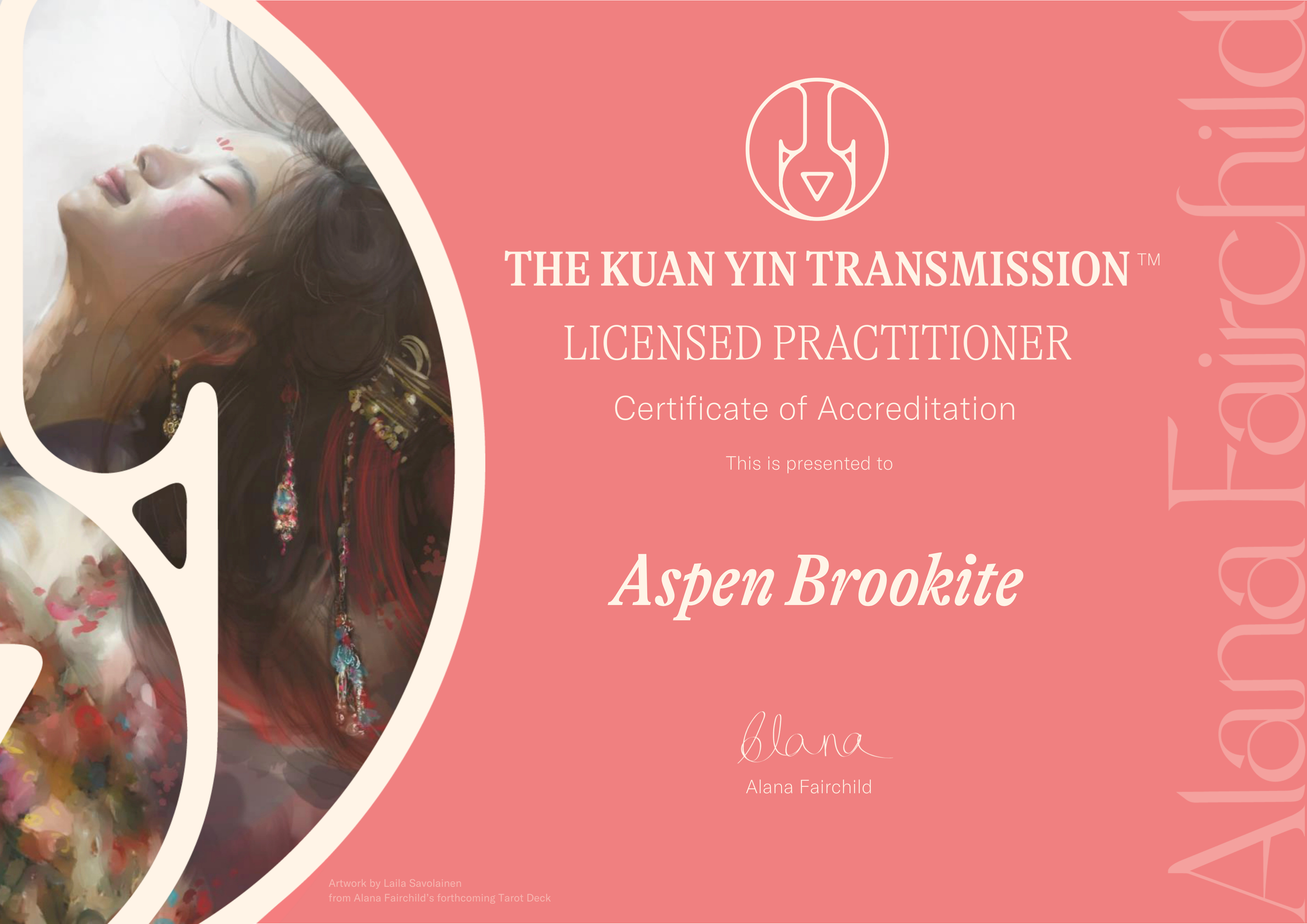 Alana Fairchild's Kuan Yin Transmission Practitioner's License Aspen Brookite