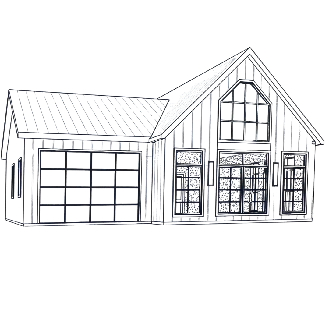 Black and white line drawing of a modern house with large windows and a garage, featuring a sloped roof and vertical siding.