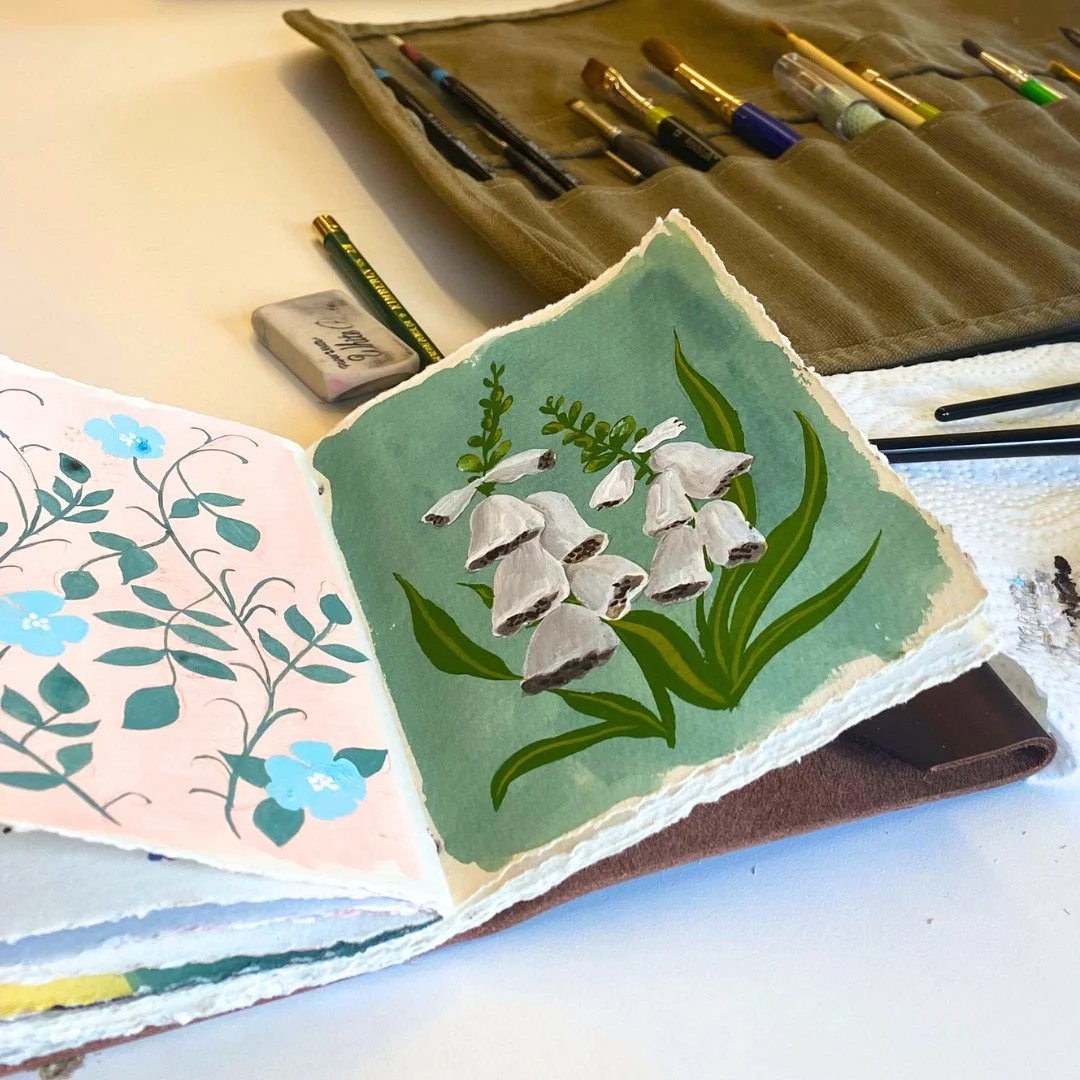 Painting foxgloves and morning glories. 🩵🌿