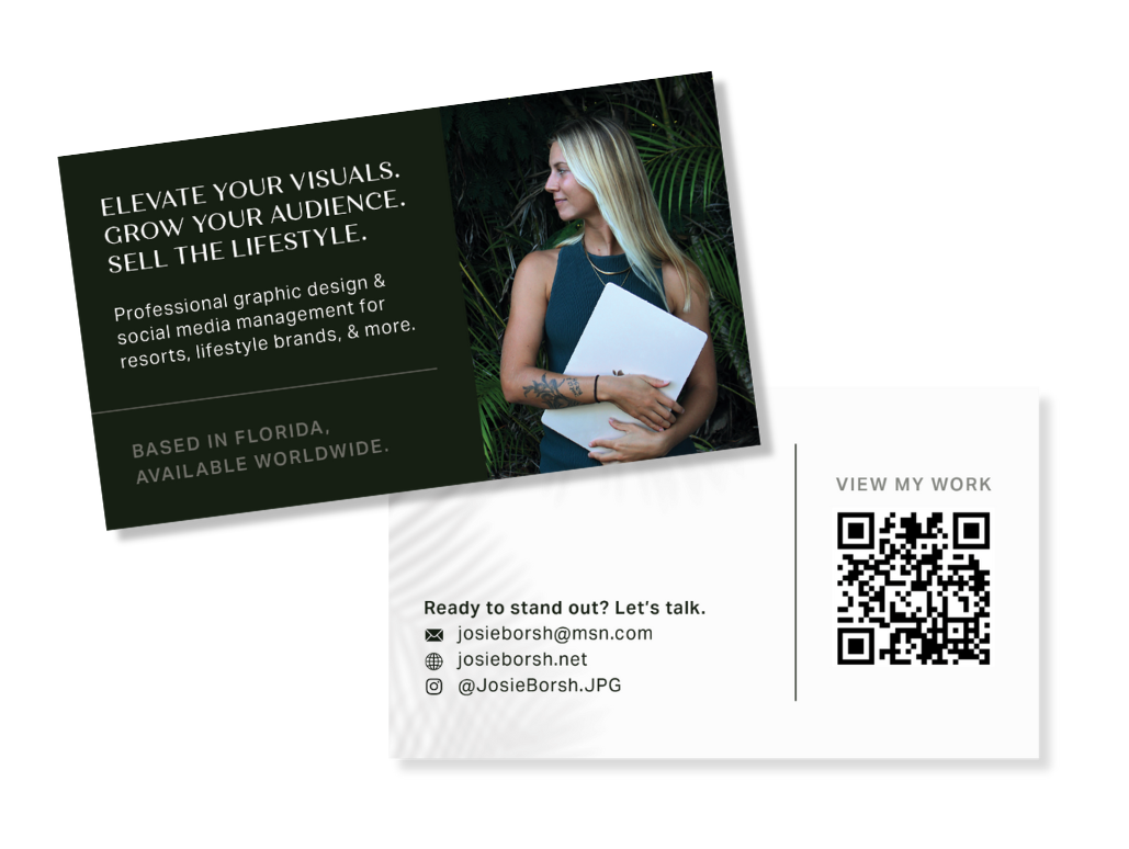 Business card and marketing flyer for a graphic designer, featuring a woman holding a folder, with text about branding, based in Florida, and contact information including email, website, social media, and a QR code.