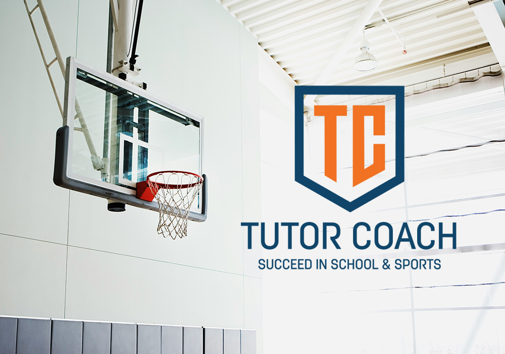 An indoor gymnasium with a basketball hoop and backboard. The logo for Tutor Coach, featuring a shield with 'TC' in orange and navy blue, along with the tagline 'Succeed in School & Sports', is overlayed on the right side of the image.