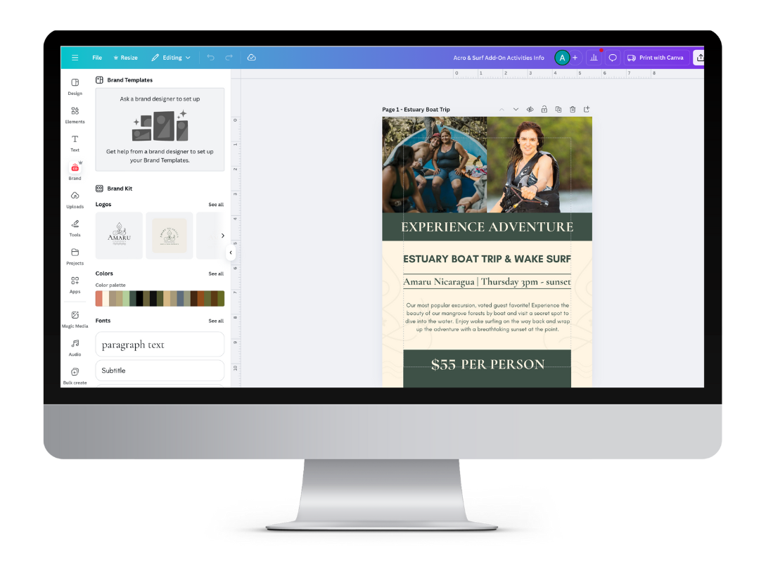 Computer screen displaying a website design for a boat trip adventure, featuring images of women in a boat and a woman holding a camera, with promotional text about the trip.