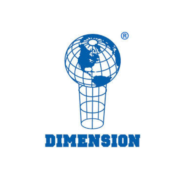 A blue logo featuring a globe with the continents visible, emerging from a three-dimensional grid cone, with the word 'DIMENSION' written below in bold, capital letters.