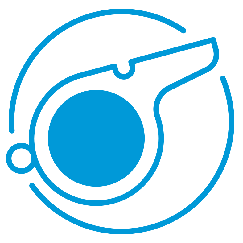 Line drawing of a chef's hat, spoon, and plate in blue on black background.