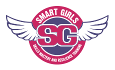 Smart Girls logo with pink and purple winged badge and the letters 'SG' in the center, including the slogan 'Skills Mastery and Resilience Training'.