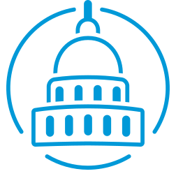 Line drawing of a capitol building with a dome and a spire, enclosed in a circle.