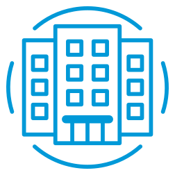 Outline of multiple connected apartment buildings with windows, within a circular border.