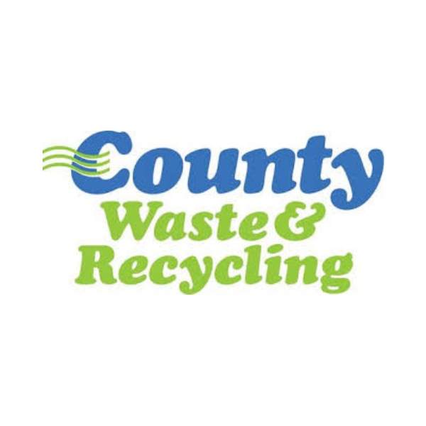 Logo for County Waste & Recycling with blue and green text and a stylized recycling symbol.