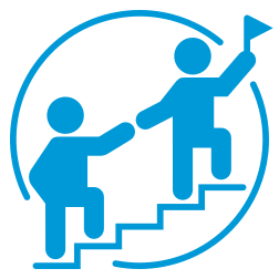 Two stick figures, one helping the other up stairs with a flag, inside a circle.