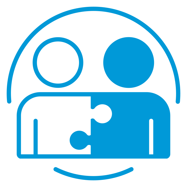 Icon of two people with jigsaw puzzle piece fitting together, inside a medical cross outline.