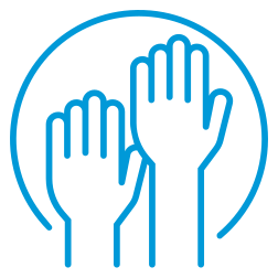 Two raised hands inside a circle, representing a high-five or greeting.