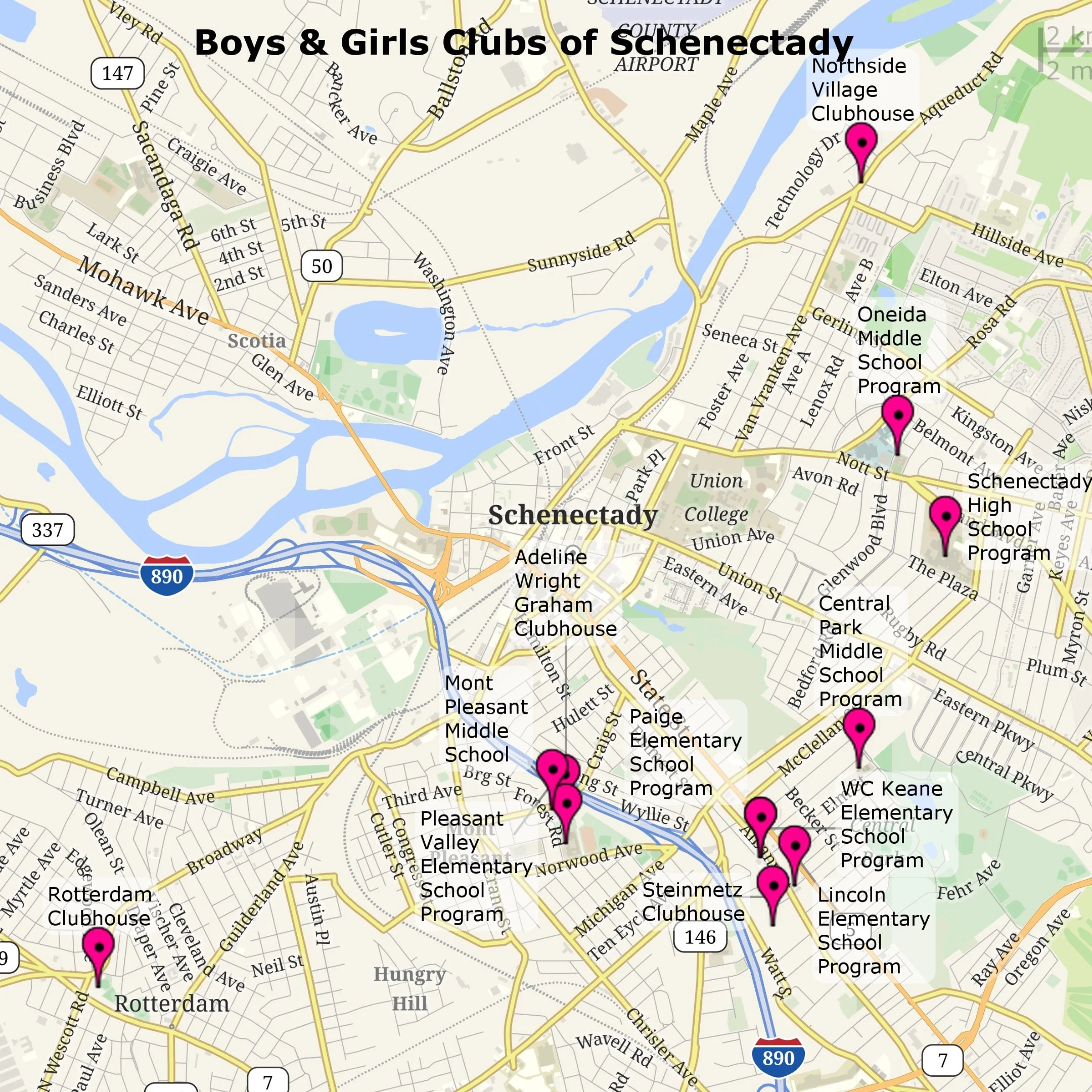 Map of Schenectady, New York, showing locations of Boys & Girls Clubs and school programs marked with pink pins. Schools include Lincoln Elementary, W.C. Keane Elementary, Pleasant Valley Elementary, Steinmetz Clubhouse, Rotterdam Clubhouse, and others. The map also displays rivers, roads, and neighborhoods.