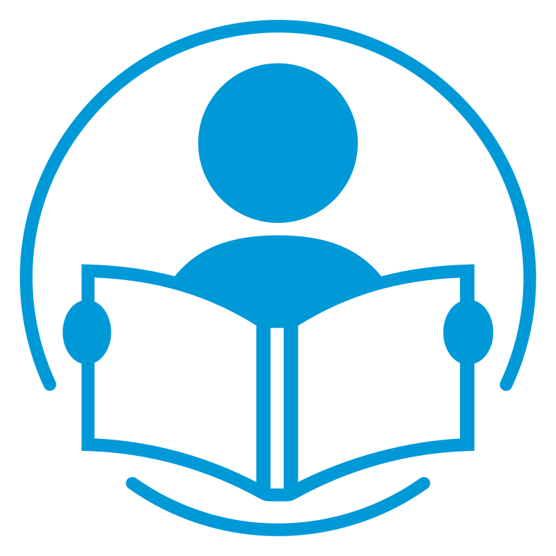 Icon of a person reading a book with a circular arrow around them, symbolizing learning or education.