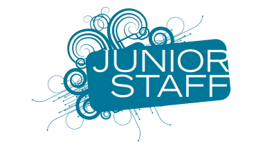 Junior Staff logo with blue decorative swirls and text