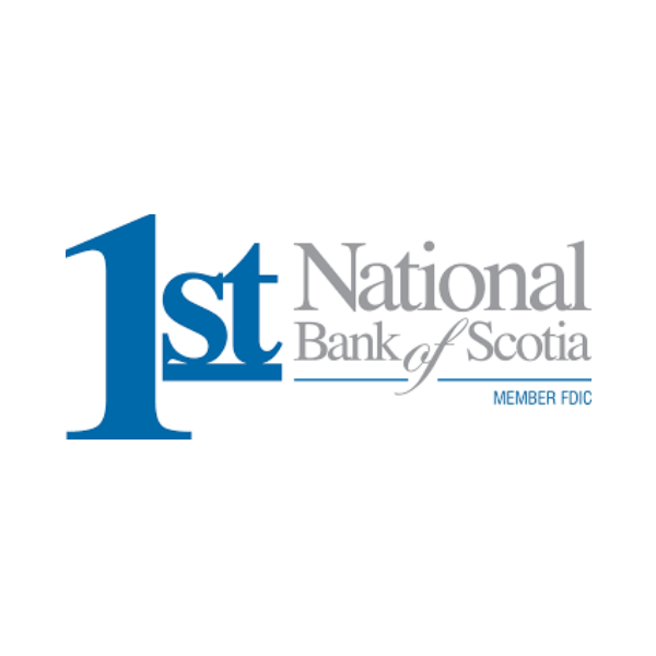 Logo of the 1st National Bank of Scotia with the words "MEMBER FDIC".