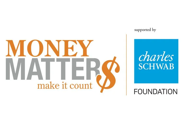 Logo with the text 'Money Matters' and a dollar sign, supported by the Charles Schwab Foundation.