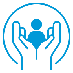 Illustration of a person surrounded by two large hands, symbolizing protection or support.