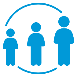Three stylized blue human figures inside a partial circle, representing a group or gathering.