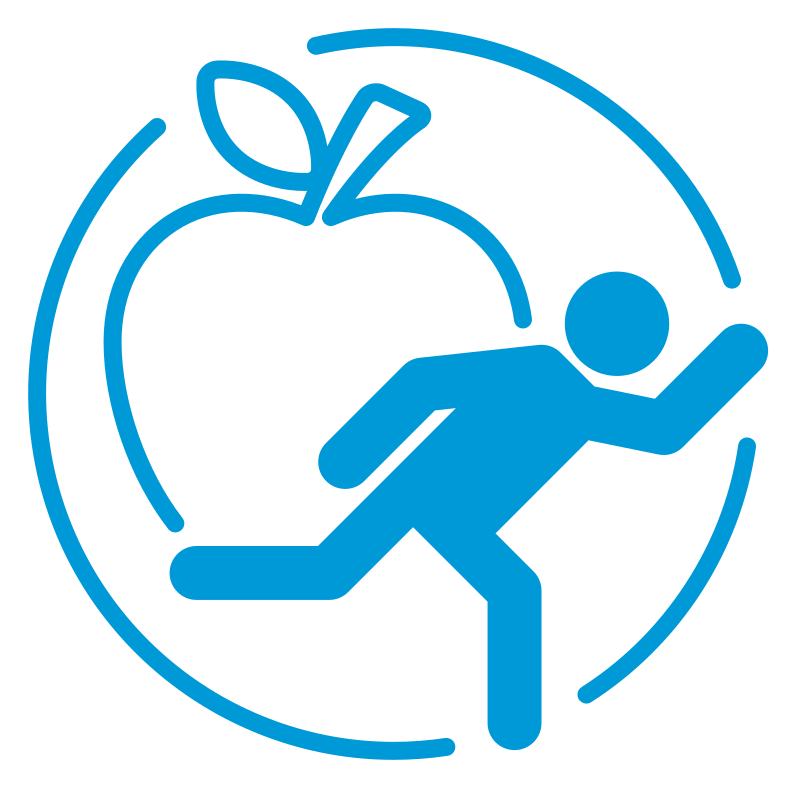 Icon of a person running with an apple in the background