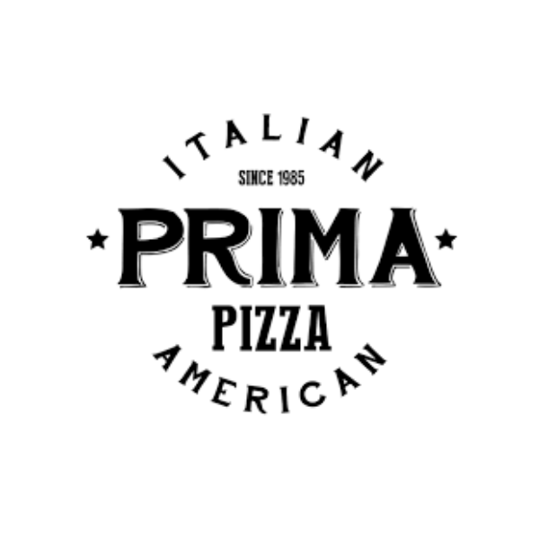 Black and white logo for Prima Pizza, emphasizing its Italian and American roots, established in 1965.