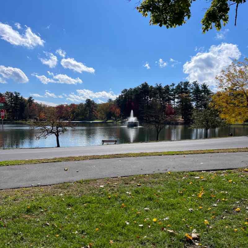 A park scene featuring a pond with a fountain, surrounded by trees with fall foliage, and a clear blue sky with some clouds.