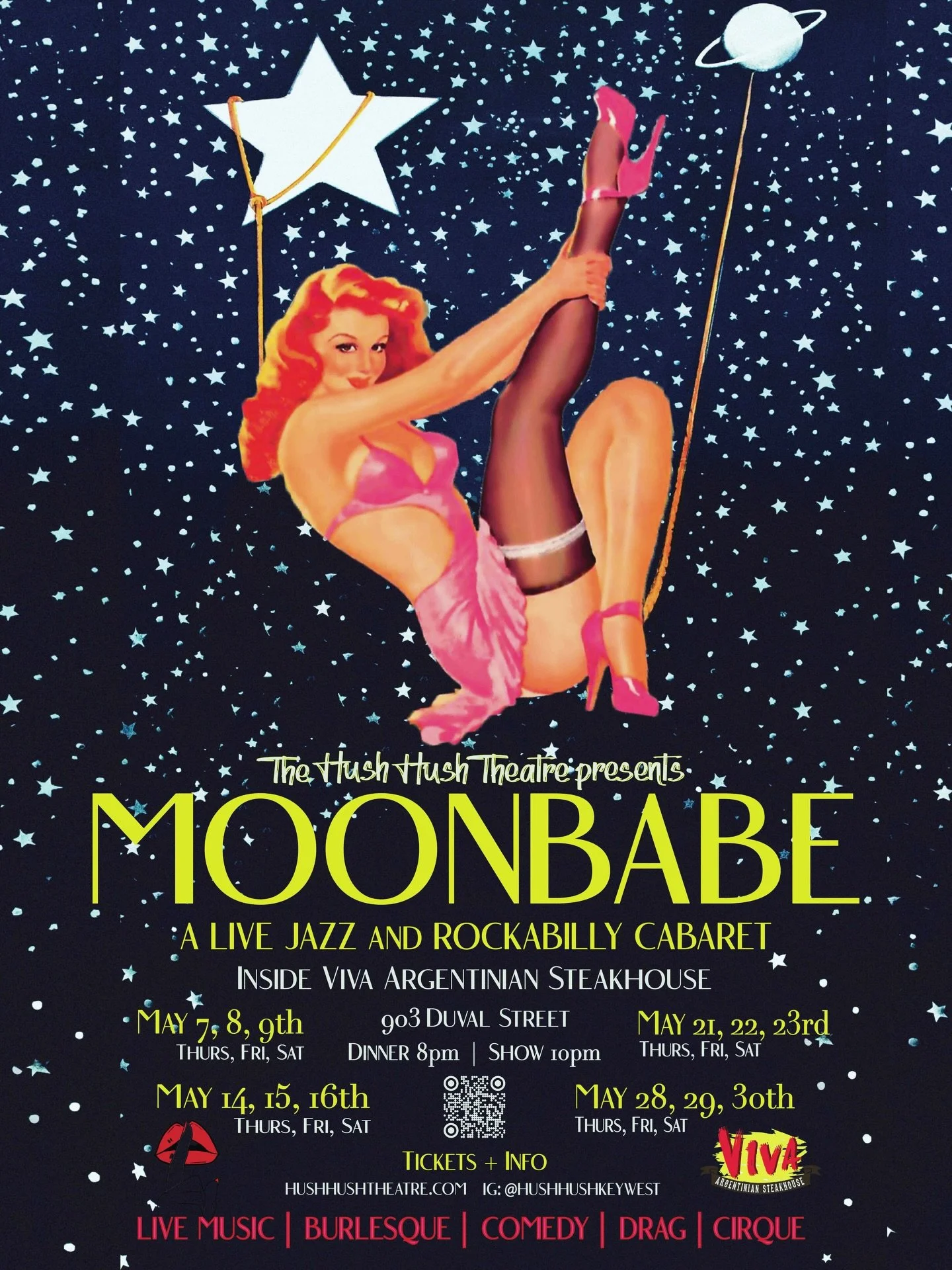 *MAY 7th GRAND OPENING* 🌙 MOONBABE is a live jazz and rockabilly cabaret in honor of the two full moons in May. Come experience a truly bohemian night inside our newly designed supper club, exclusively at Viva Argentinian Steakhouse. 

Thurs-Sat sho