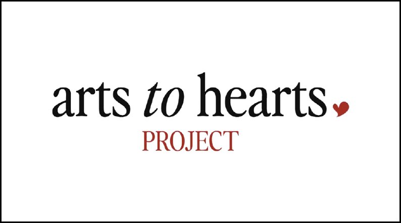 Logo for arts to hearts project with black and red text and a small red heart on a white background.