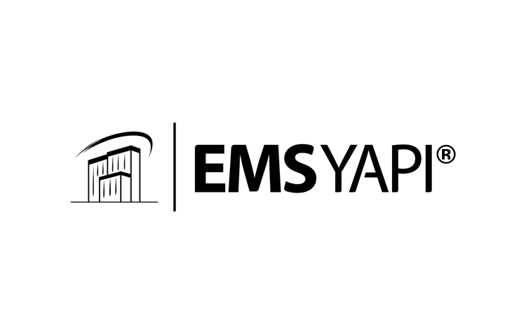 EMS Yapı logosu, bina çizimiyle birlikte."}