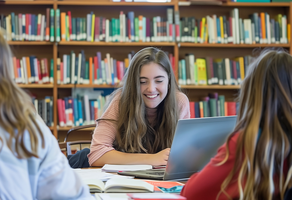 Student in library with laptop computer