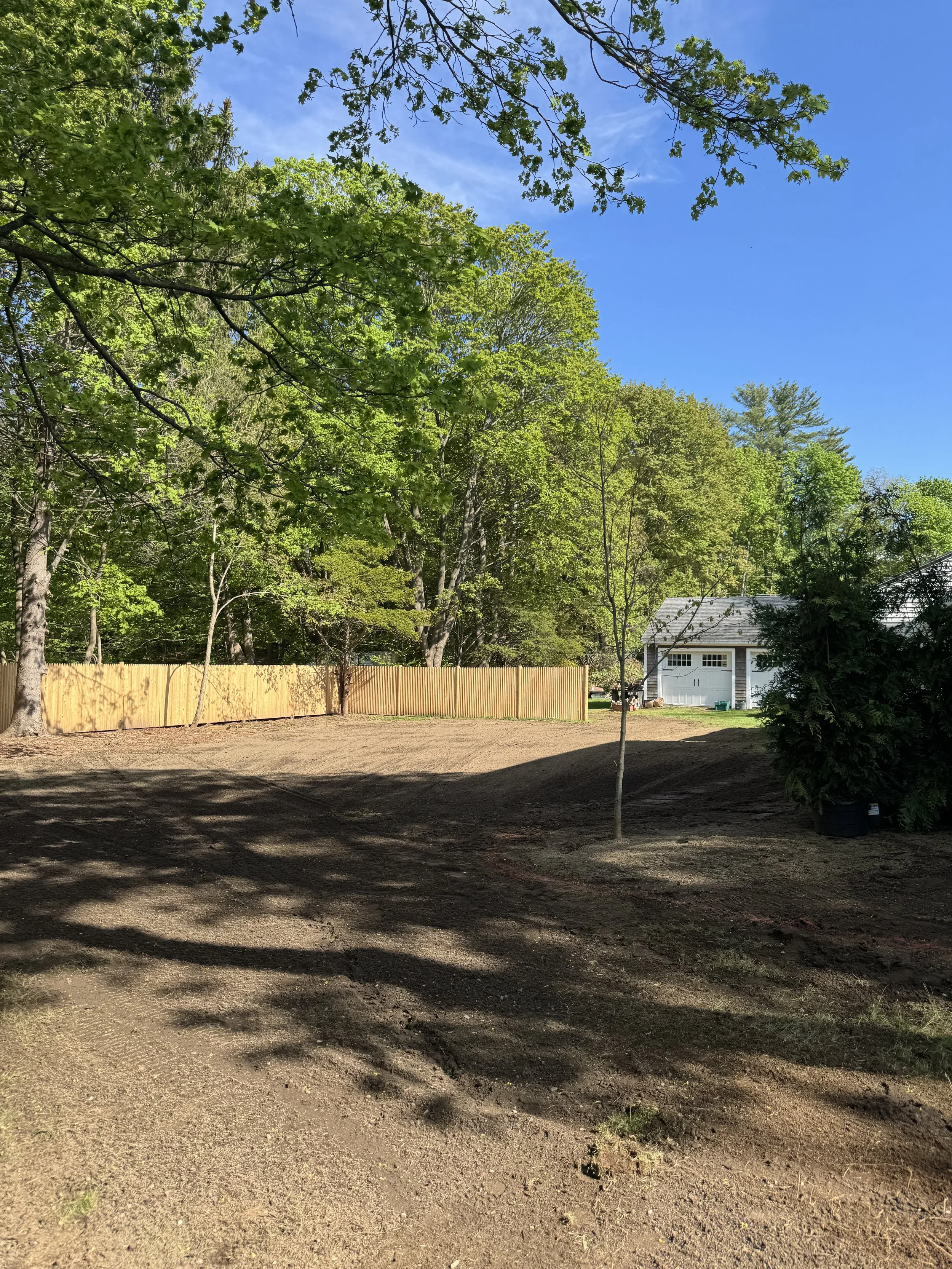 A backyard with a dirt ground, a wooden fence, multiple green trees, a white garage, and a blue sky with some clouds.