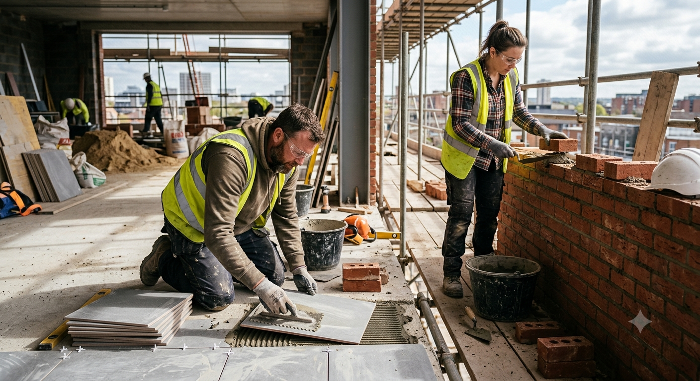 workers doing tiling and brickwork