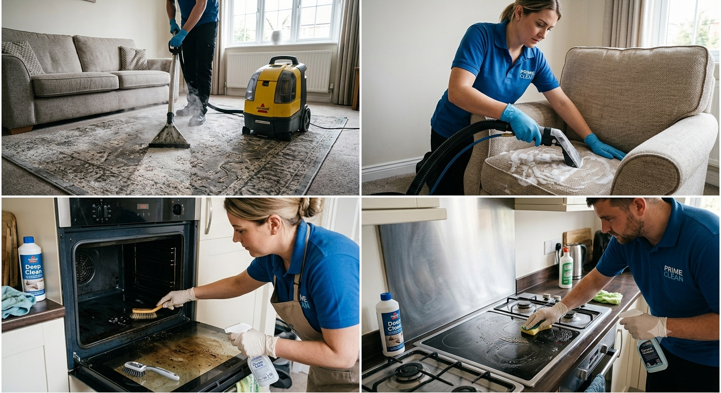 men & women cleaning carpet, upholstery, oven and hob