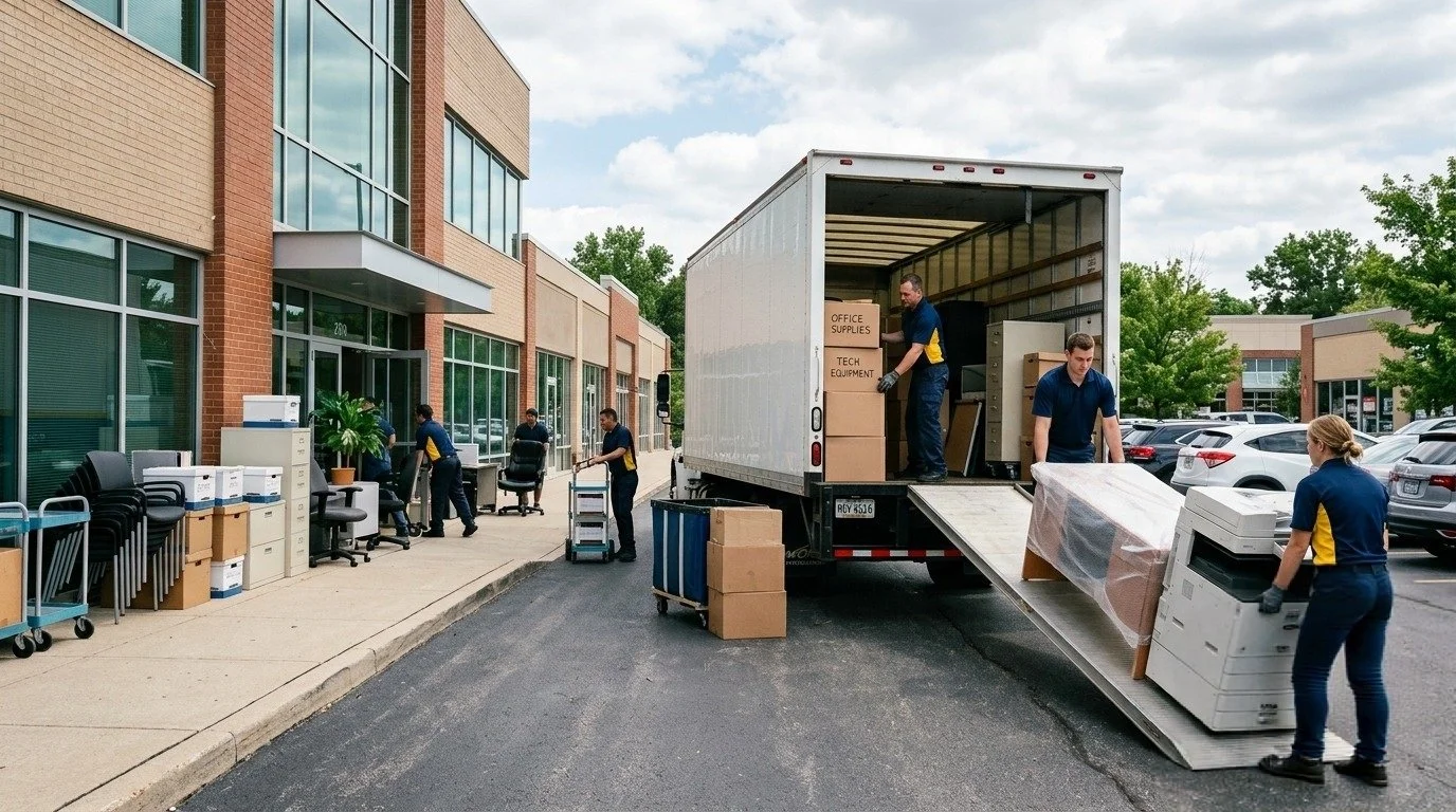 People unloading office supplies, tech equipment, and furniture from a moving truck into an office building parking lot.