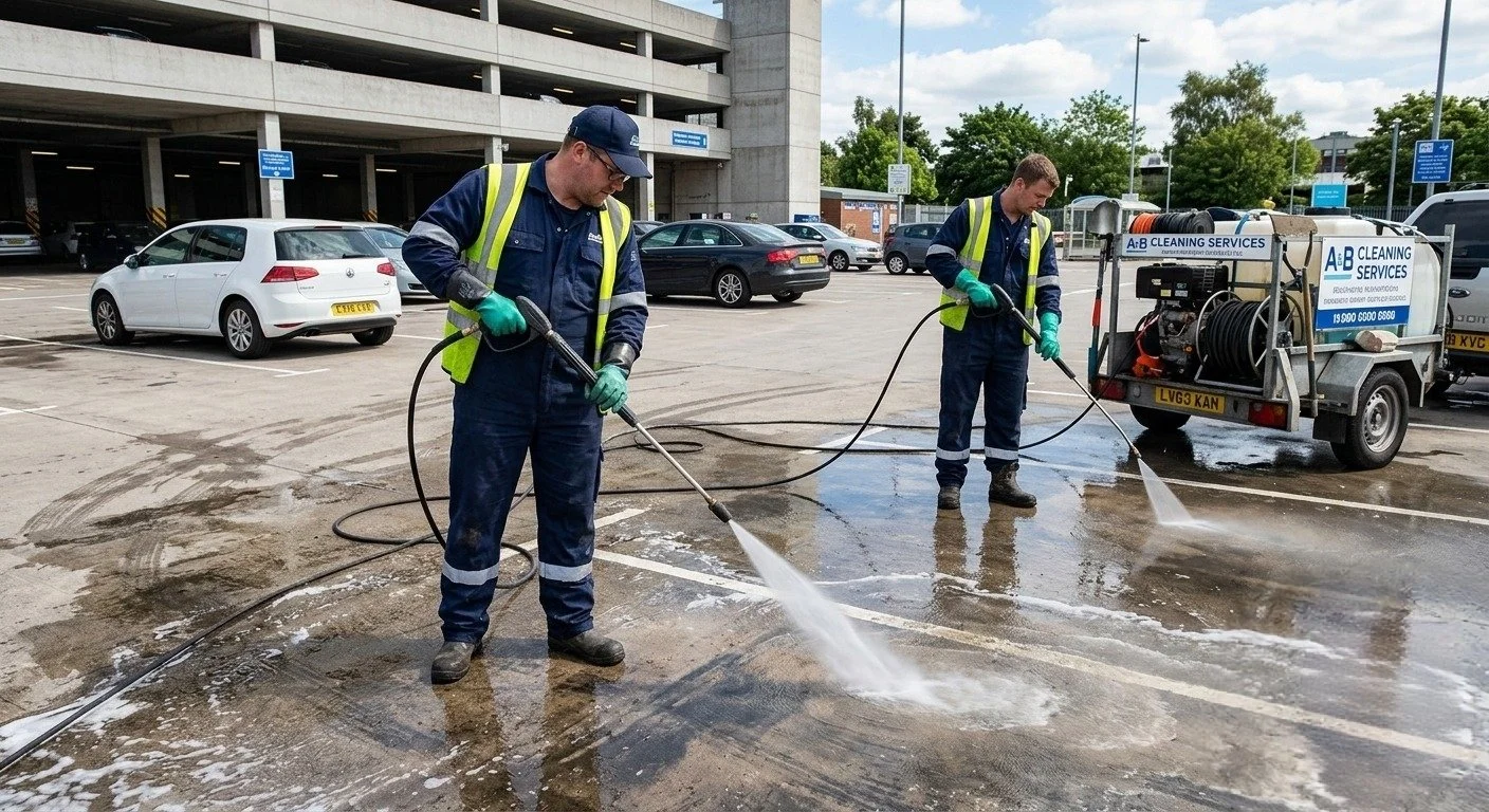 Men jetwashing a car park
