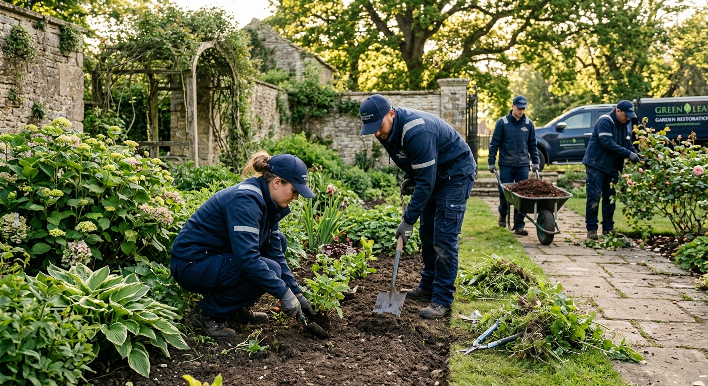 Workers restoring a garden