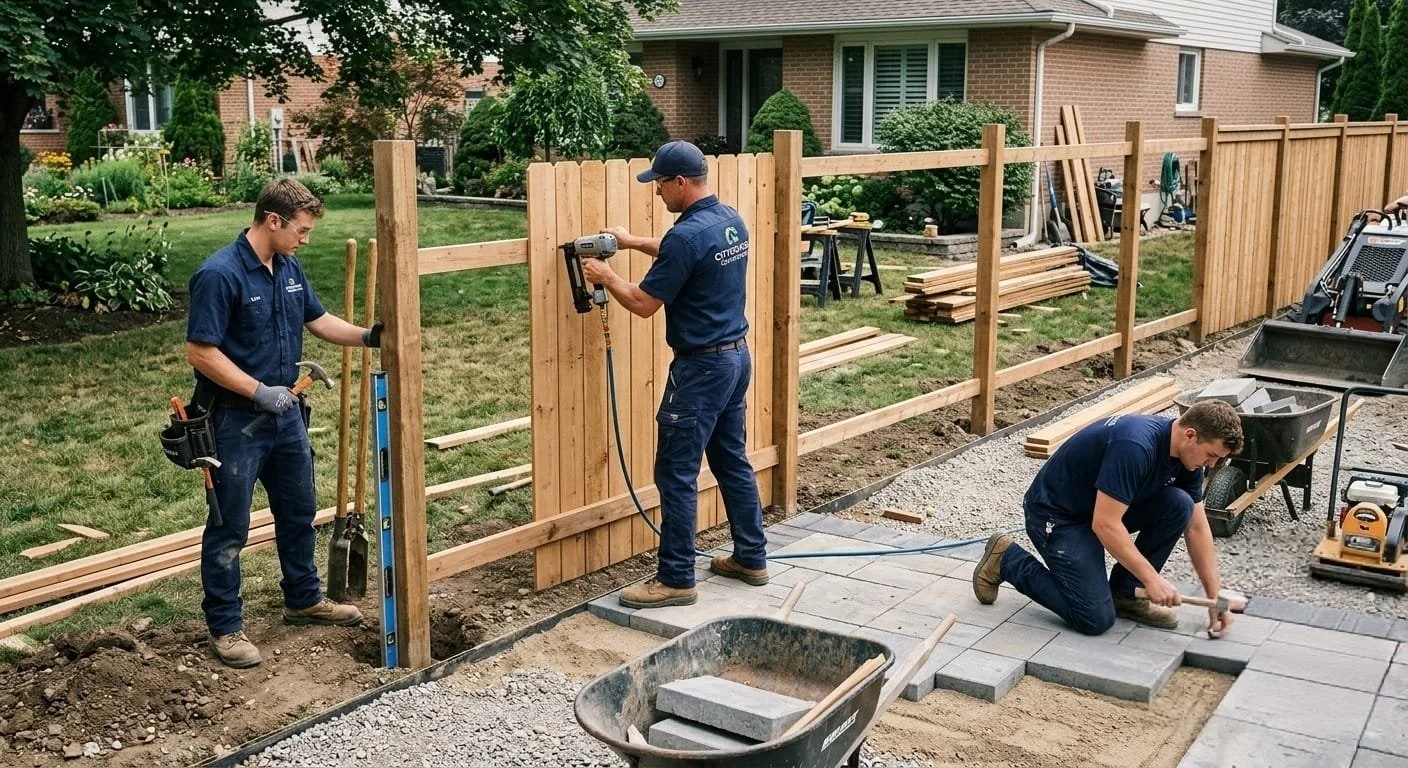 men installing a fence and building a patio