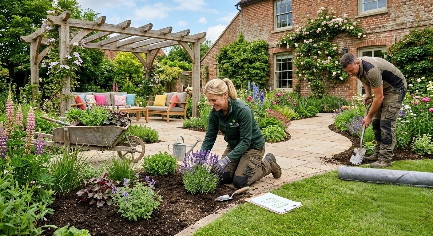Workers doing a garden makeover