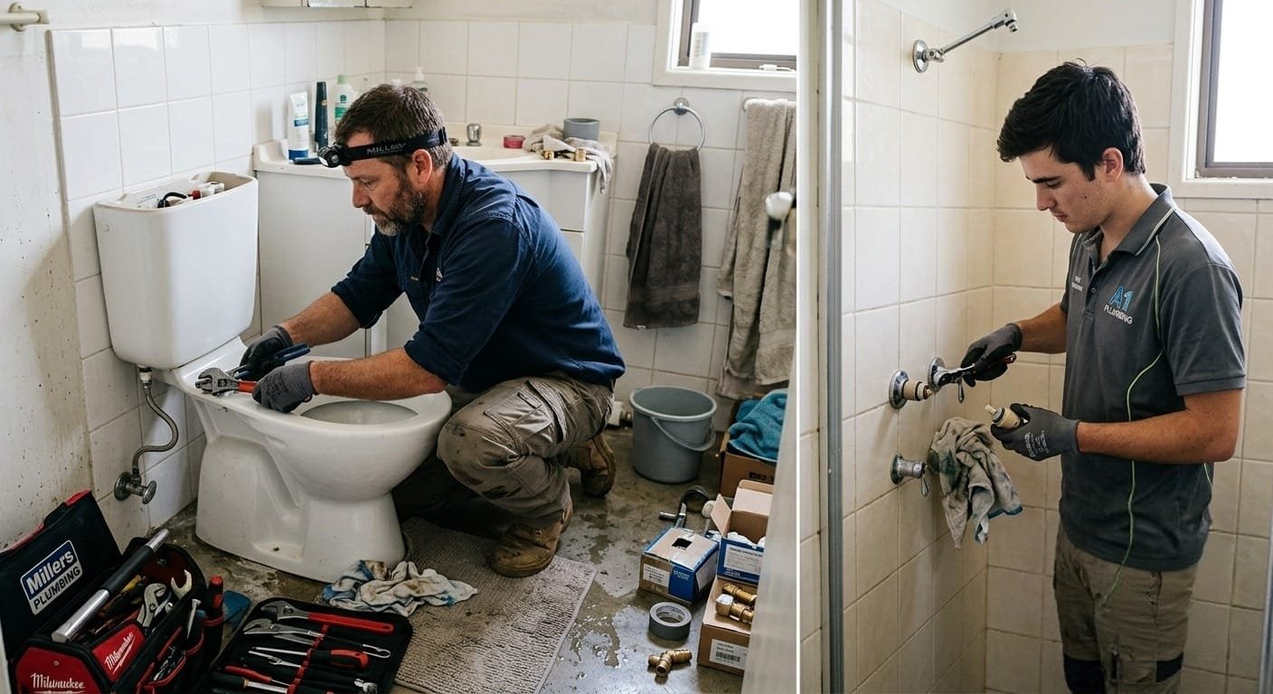 men fixing a toilet tap and shower