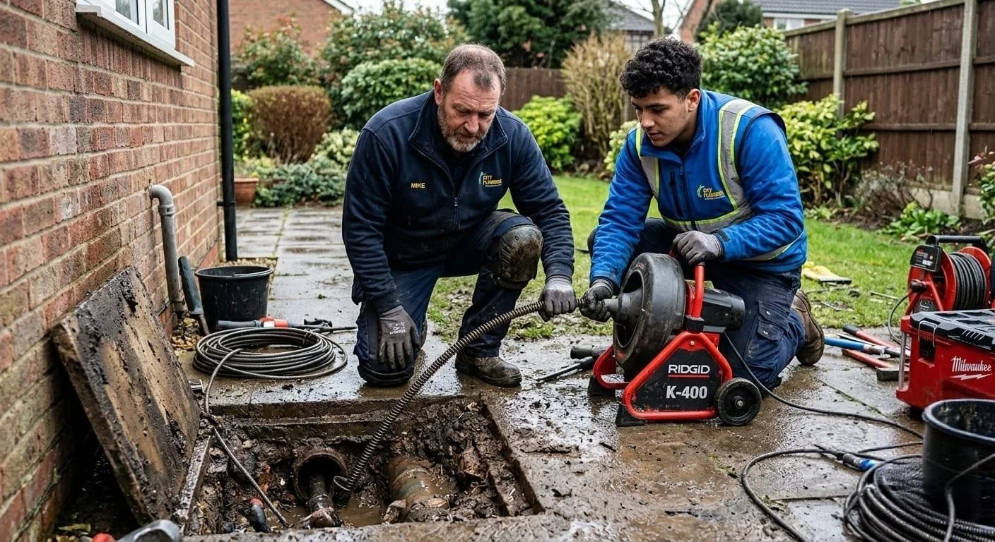 Two men fixing a blocked drain