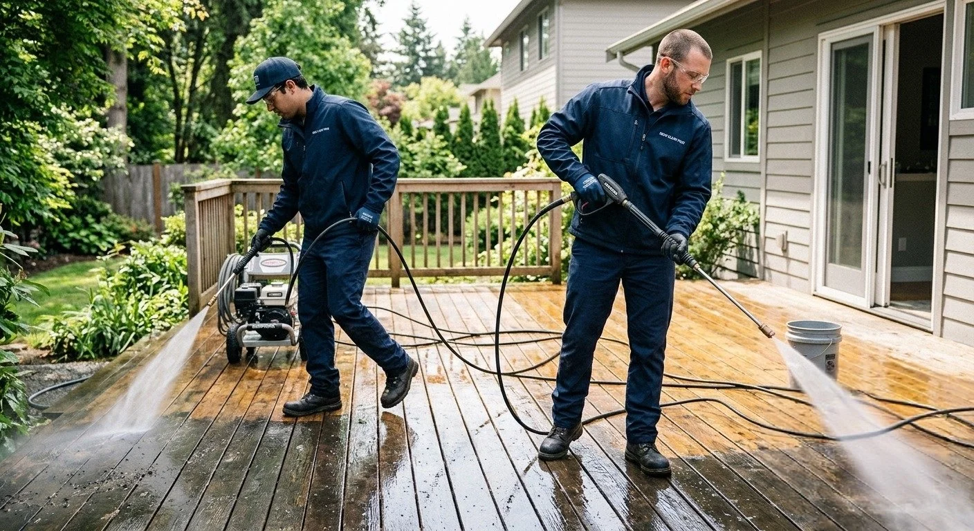 men jetwashing a deck