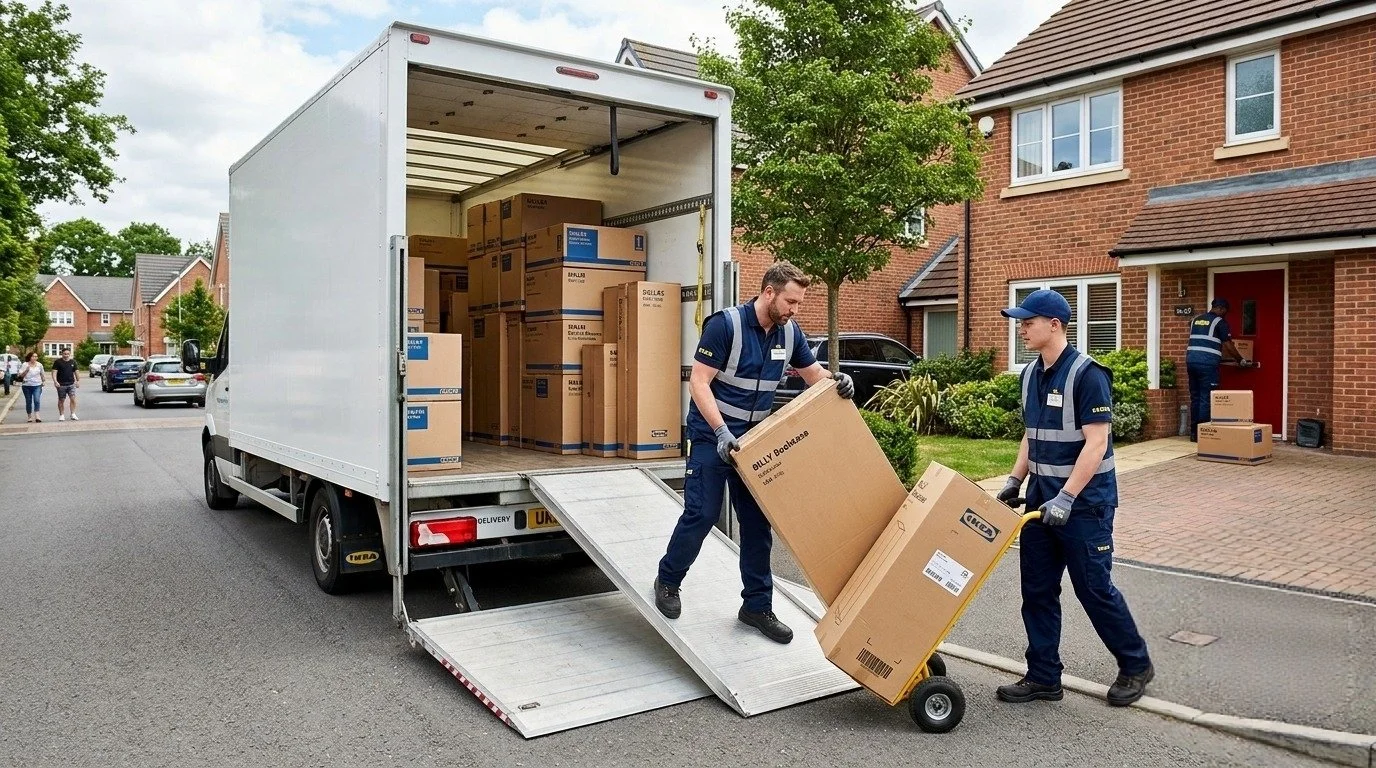 Two delivery workers unloading boxes from a white moving truck parked on a residential street, with a third worker at a house delivering a package. The boxes are labeled IKEA.