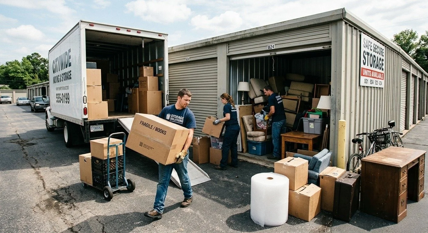 Staff moving items in a storage unit