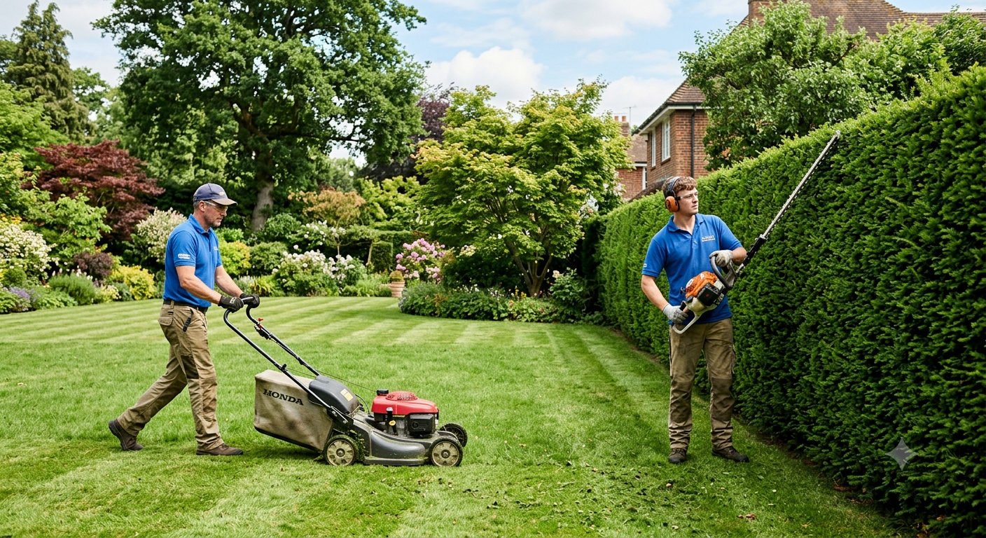 men cutting the lawn and hedges