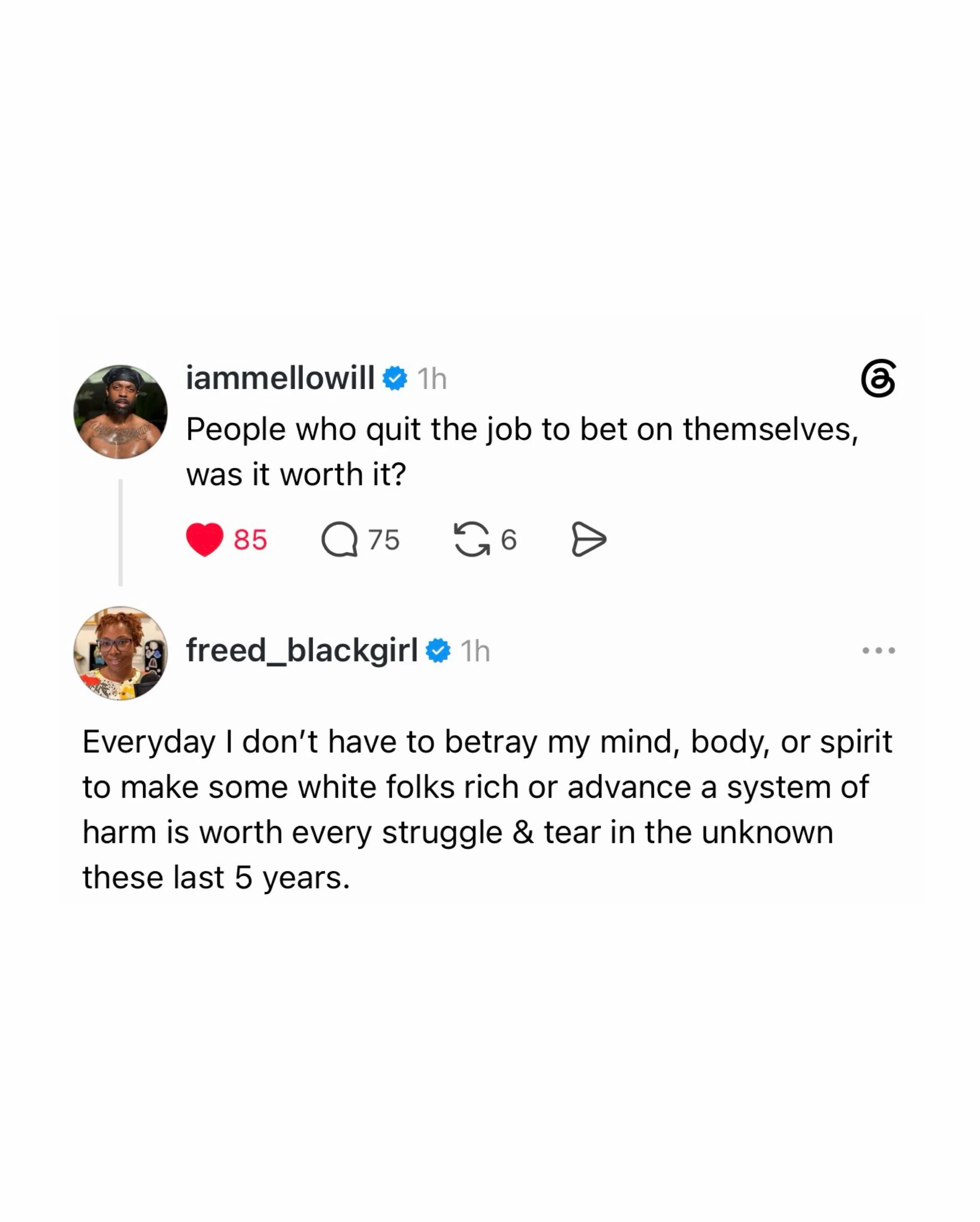 Entrepreneurship is hard, working a 9-5 is hard. Choose your own adventure. I&rsquo;m just tryna get through this thing with my soul in tact. 

Also if you are a Black woman who is betting on herself and want some community
🏫Join the Unbought &amp; 