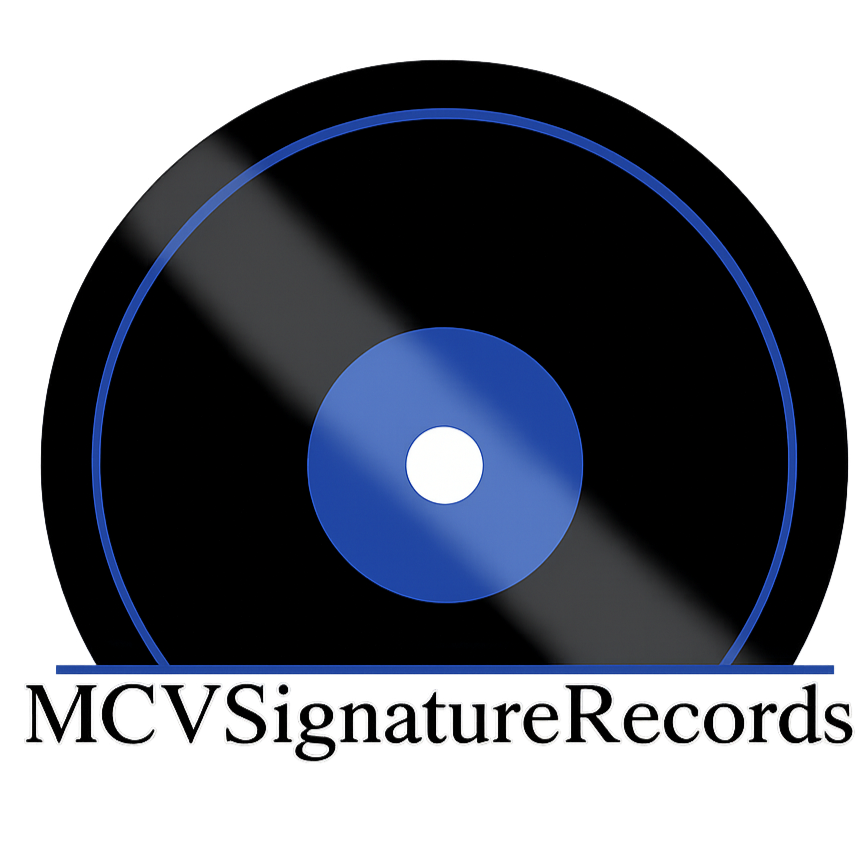 A black compact disc with a blue center label, reflecting light, with the text 'MVC Signature Records' below it.