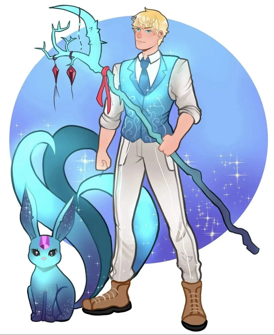 A cartoon illustration of a young man with blond hair, blue eyes, wearing a light blue vest, white shirt, and beige pants, holding a magical staff with a crescent moon and crystals, and a blue glowing rabbit with large ears and purple crown, standing