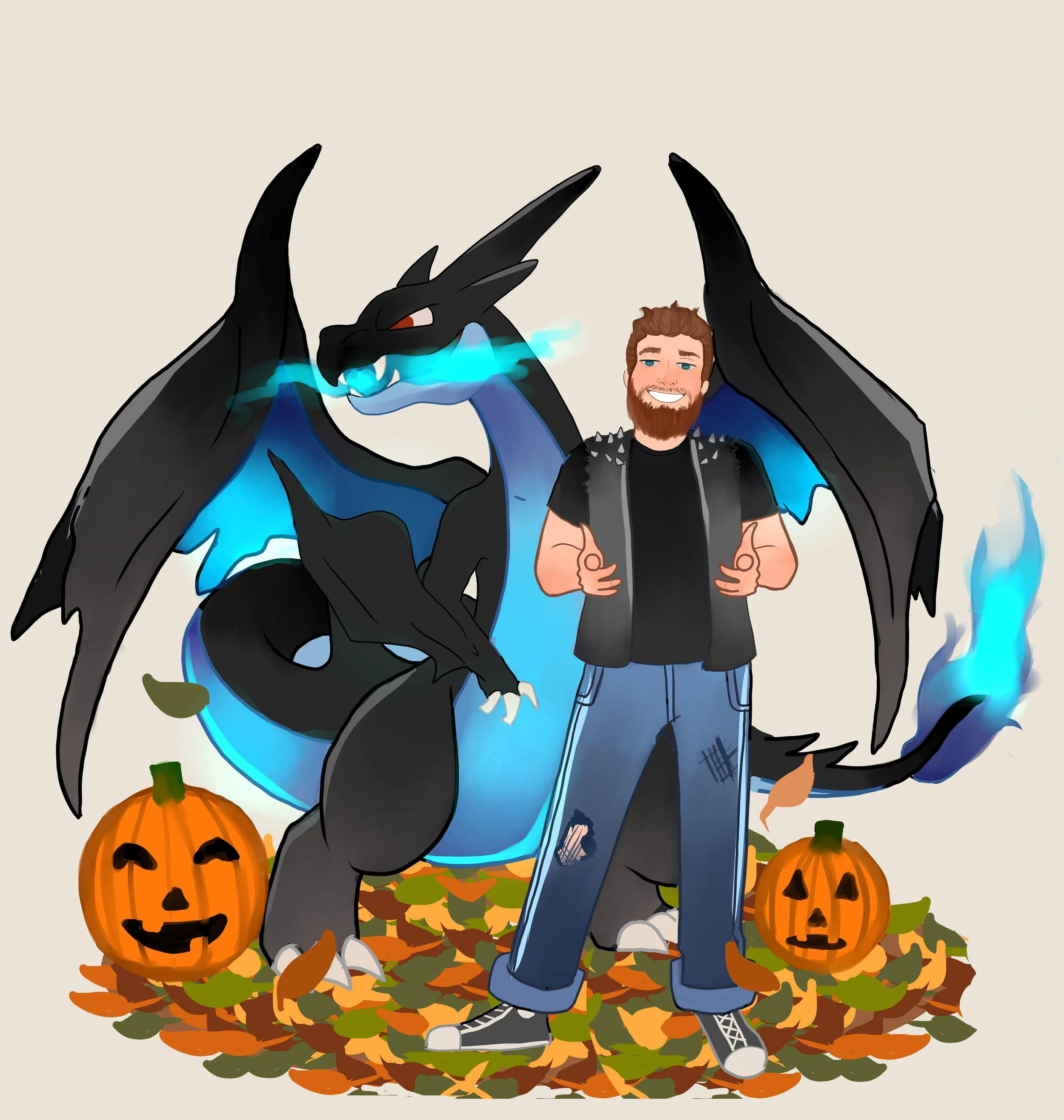 A cartoon man with a beard, wearing a black t-shirt, ripped jeans, and a sleeveless jacket, standing with thumbs up in front of a large, black and blue dragon with glowing blue accents. The scene features autumn leaves on the ground and two carved pu